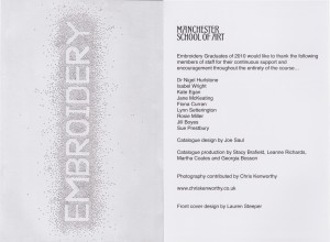 Two pages from the Manchester Metropolitan University embroidery exhibition guide