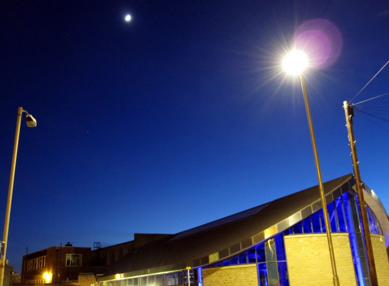 Otley library at dusk Dusk over Otley library in Leeds lit by street lights