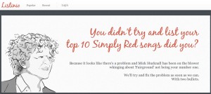 Screen shot of Listinio's HTTP 404 error page with a drawing of Mick Hucknall