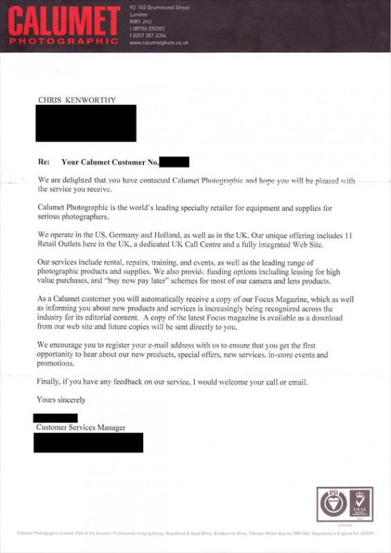 Sales letter from Calumet